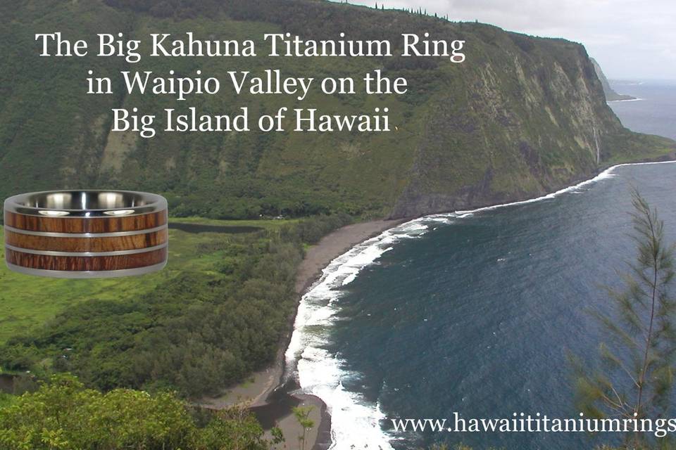 Hawaii Titanium Ring's original Night Sail Titanium Ring with Koa Wood, Lightning Ridge Opal, 14k Gold moon sliver, and a Silver sailboat image.