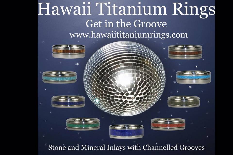 A rainbow of Hawaii Titanium Rings featuring White Pearl, Yellow Amber, Red Coral, Green Malachite, Blue Turquoise, and Purple Sugilite.