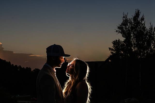 Bride and groom are lit