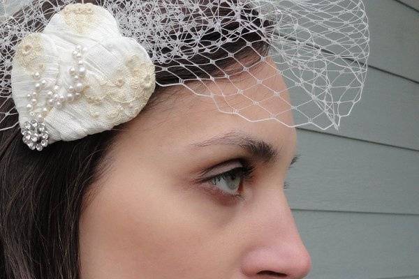 Embrace, wrapped silk bridal headpiece, rhinestones, lace