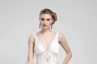 Sue Wong Vintage Beaded Ball Gown with Draped Bra and Organza Cascade Ruffled Skirt