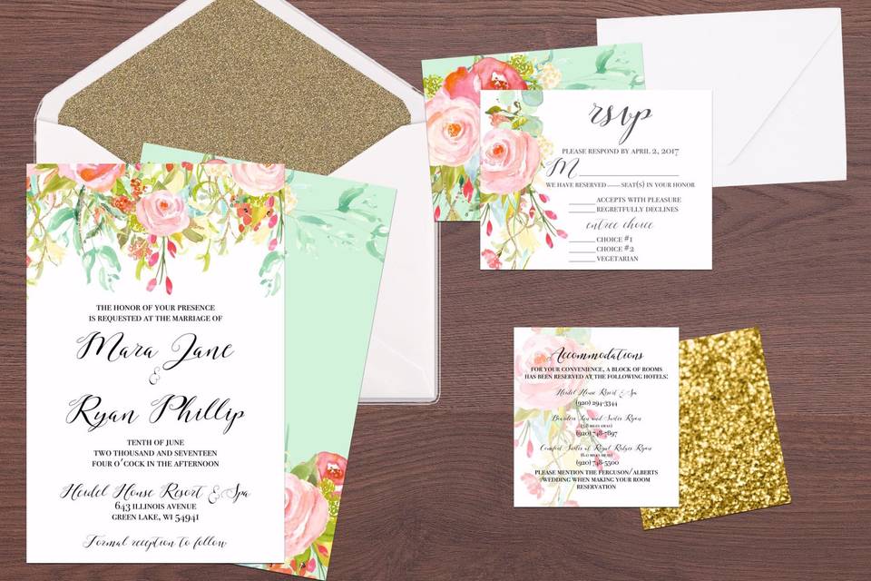 Glitzy floral wedding stationery