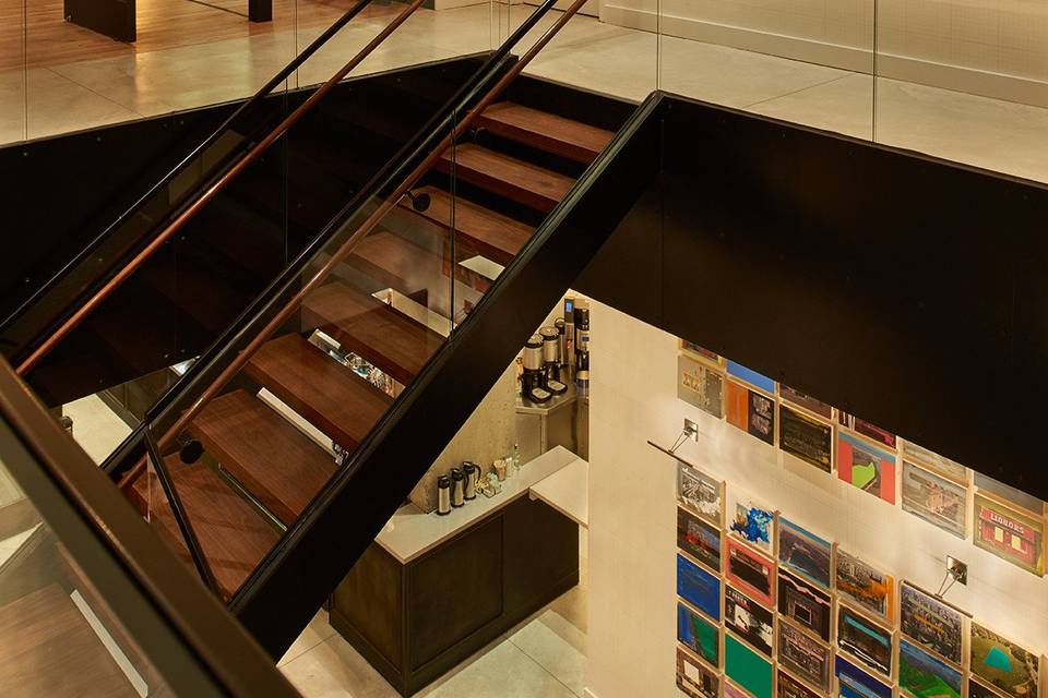 Stairs leading up from Arlo NoMad's lobby