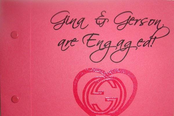 Save the date, matchbook design in strawberry with script and embossed design