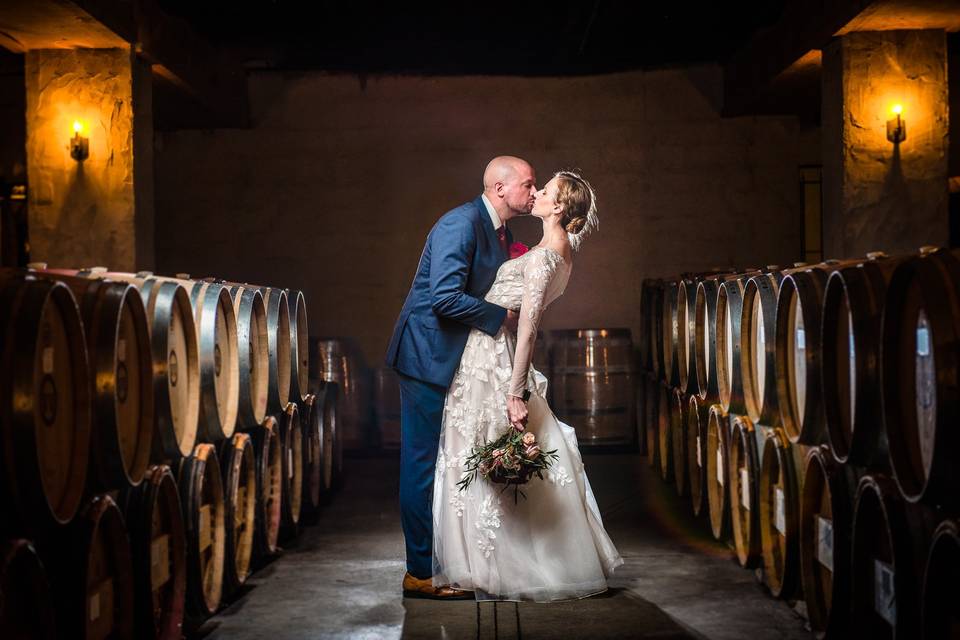 Barrel room wedding photograph