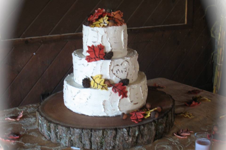 Rustic, birch inspired carrot wedding cake with white chocolate cream cheese frosting and whimsical fondant leaves.  Wood chunk base available for rent. At Maine Teen Camp, Porter, Maine