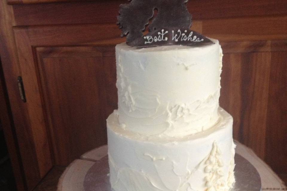 Mt. Desert Island wedding cake.  Carrot cake with white chocolate cream cheese frosting decorated with white on white scenes of Acadia National Park.  Modeling chocolate island and Best Wishes plaque topper, with gold shimmer dust.