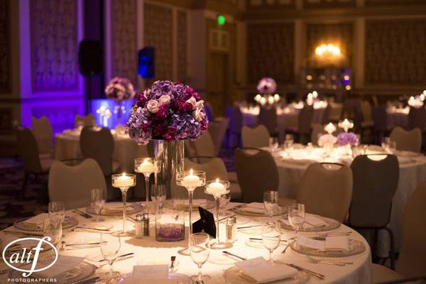 Purple Centerpieces in the Monet Ballroom of Bellagio