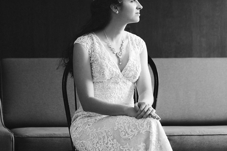 Bride stares pensively