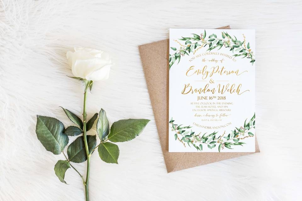 Single piece wedding invite with gold foil