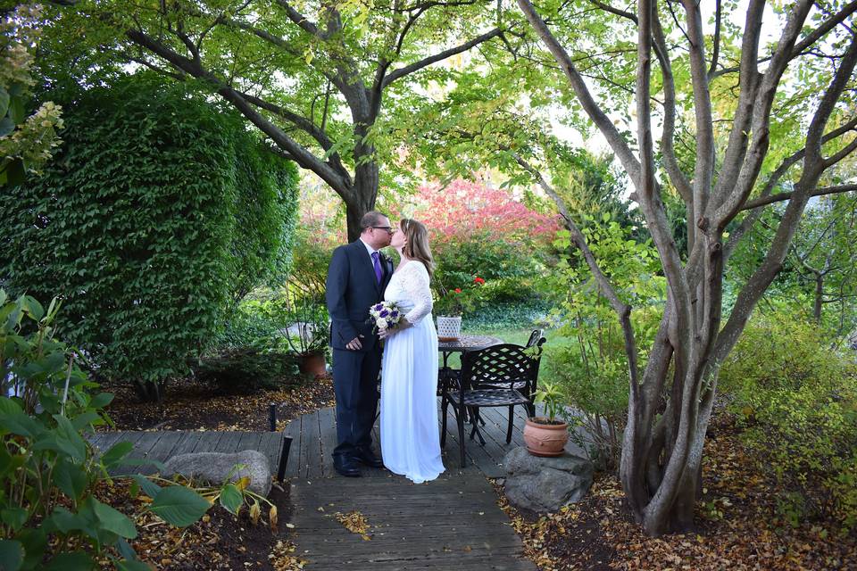 Bride and groom in the garden