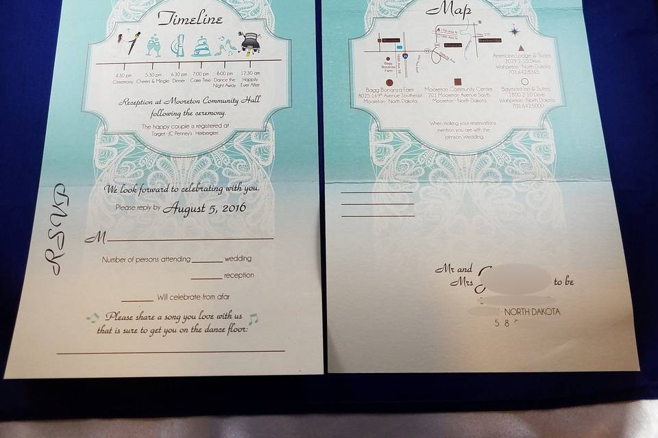 Blue lace send n send invite. folds to 4 x 6 to mail with a postcard stamp and has  a tear off rsvp that can be mailed back. Includes map, timeline, accommodations and what ever other custom ideas you may have