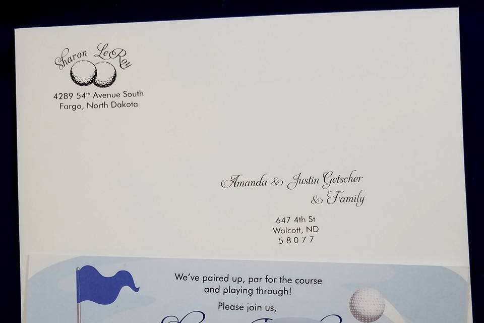Golf themed save the date card with printed envelope
