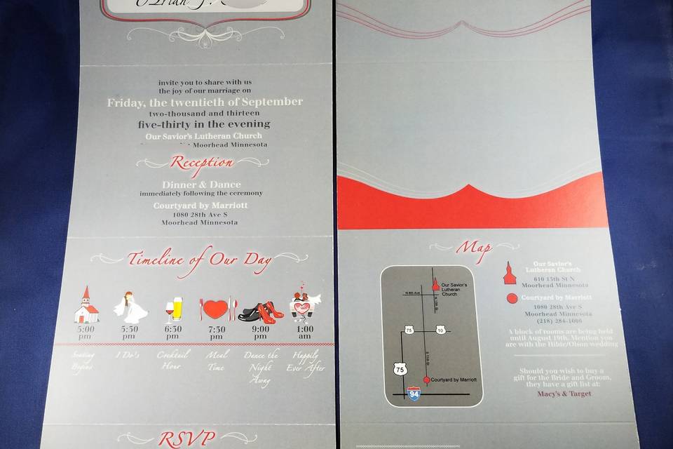 Gray & Red send and send invitation w tear off rsvp, map & timeline of events. Custom designed from brides pinterest theme