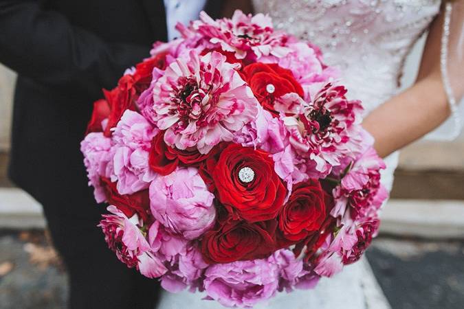 Bright Bridal Bouquet including Clooney Ranunculus, Roses and Peonies