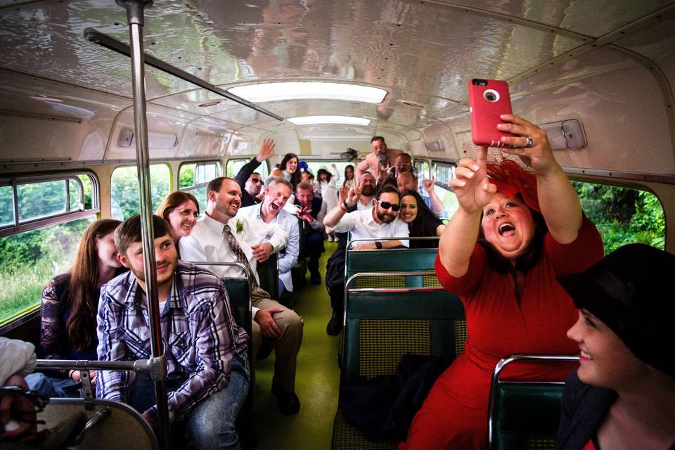 Guests on wedding bus