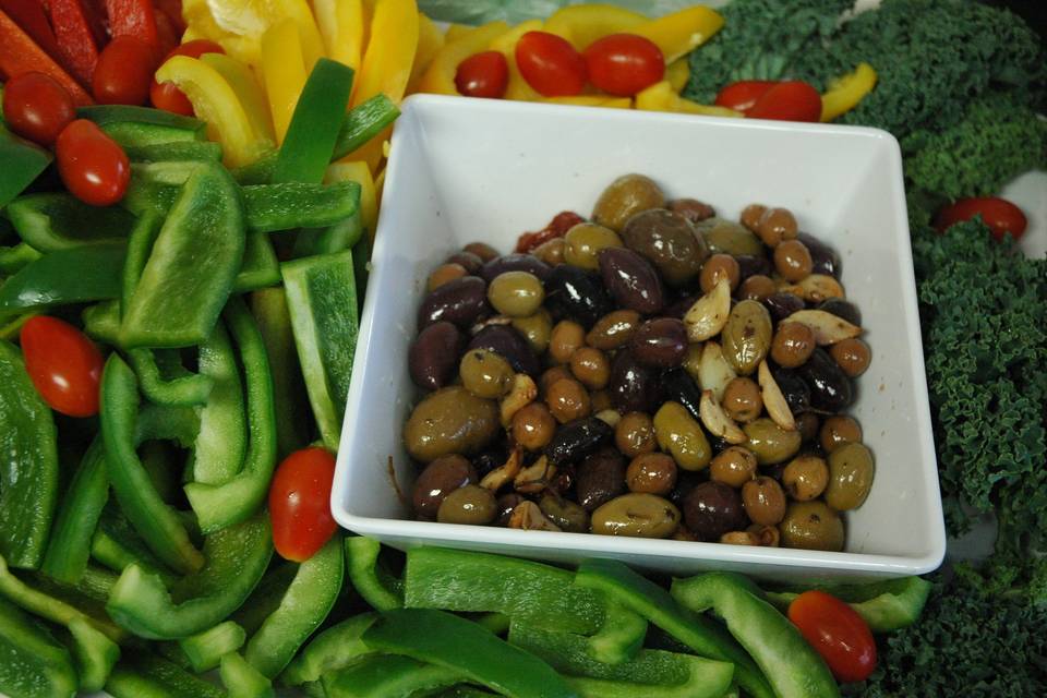 Olive selections, vegetable crudite - hors d'oeuvres - wedding catering options for every menu style.