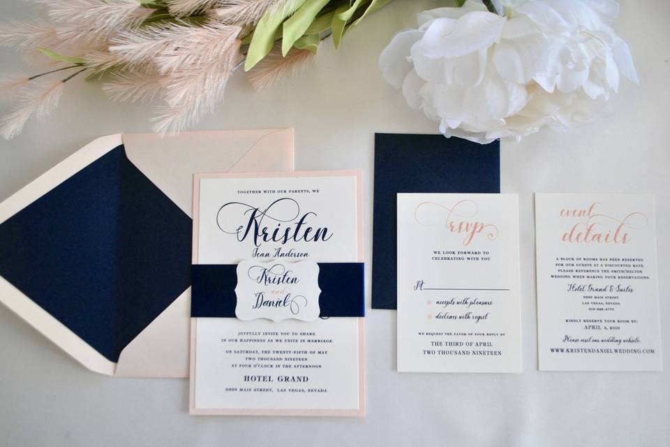 Navy blue blush wedding invite