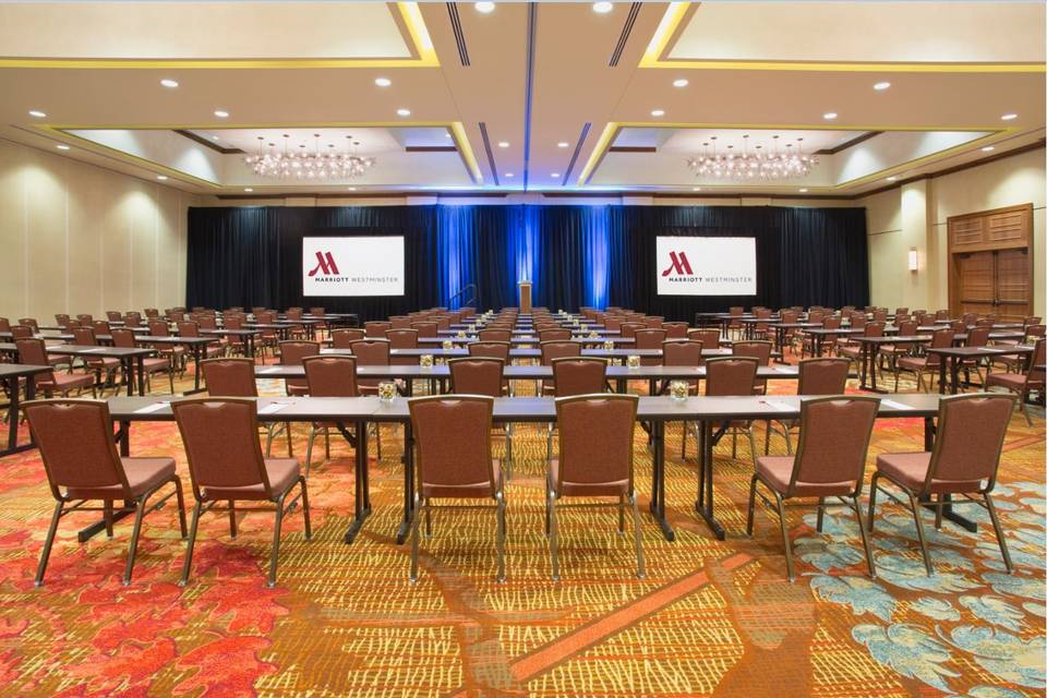 Marriott Ballroom CD - Light up for Event space, showing detail of Chandeliers and carpeting - Denver Marriott Westminster