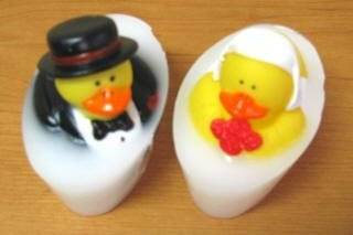 Bride and groom duck soap scented in Ocean Rain.