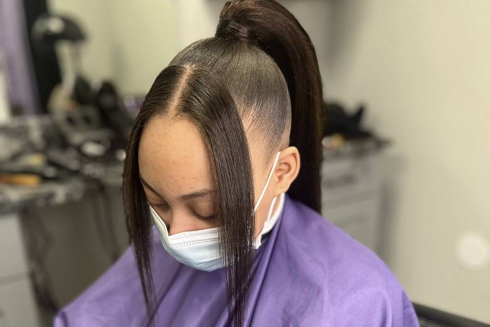 High ponytail with bangs