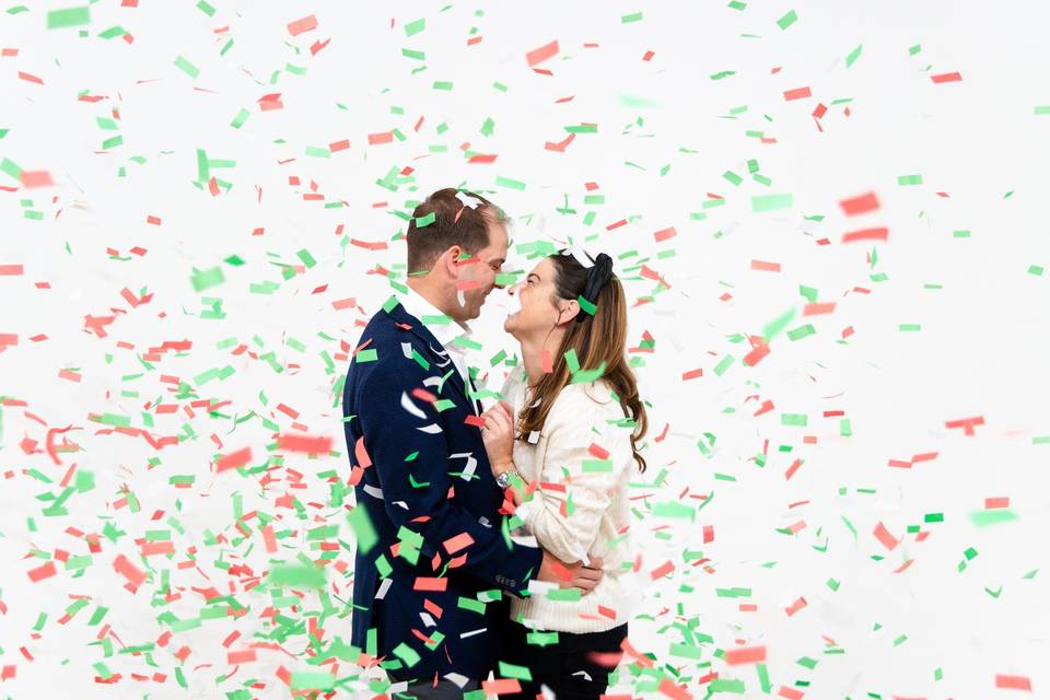 Confetti falling on the happy couple