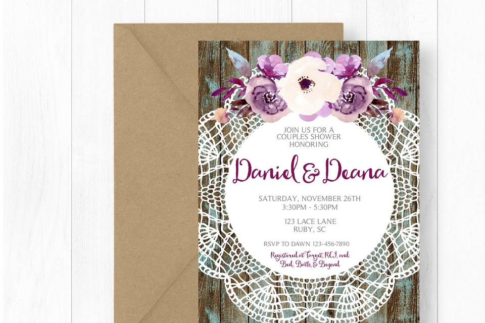 Shabby Chic Rustic Wedding Shower Invitation
To purchase: https://www.etsy.com/shop/PaperclutchShop