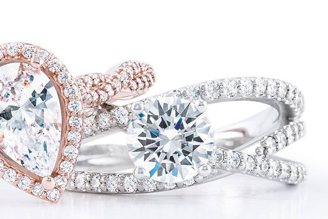 Rose gold pear-cut diamond ring and Side Stone Solitaire with round-cut diamond