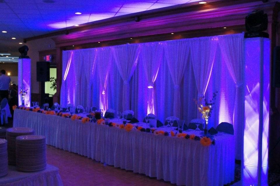 We also specialize in decor lighting. Let us transform the look of your venue with your color scheme set to vivid lighting.