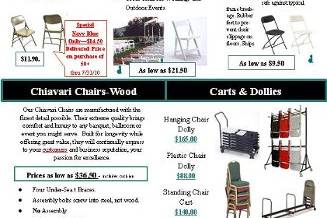 Caterer and Event Planners Summer Special featuring folding tables and chairs.