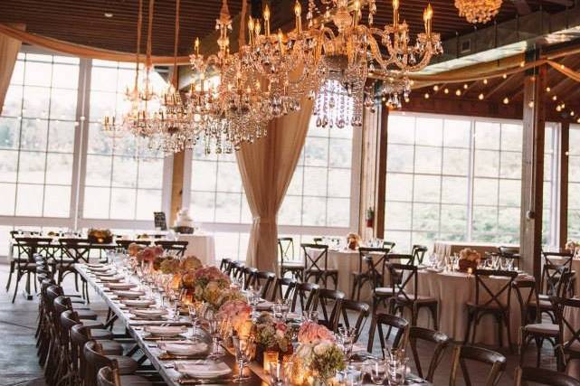 Chandeliers above table