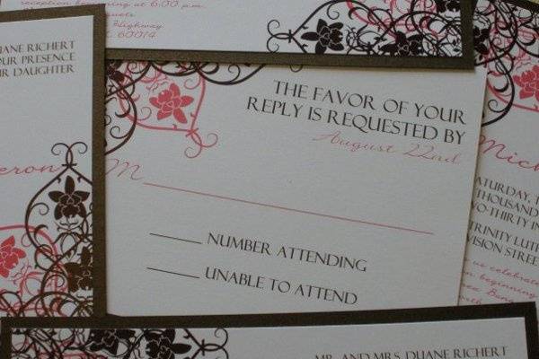 Wedding Invitation/Response Card in chocolate brown and coral featuring scrolls.