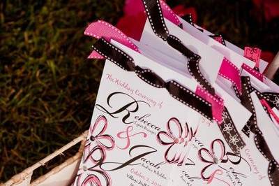 Tea-length Wedding Programs featuring ribbon and rhinestones.