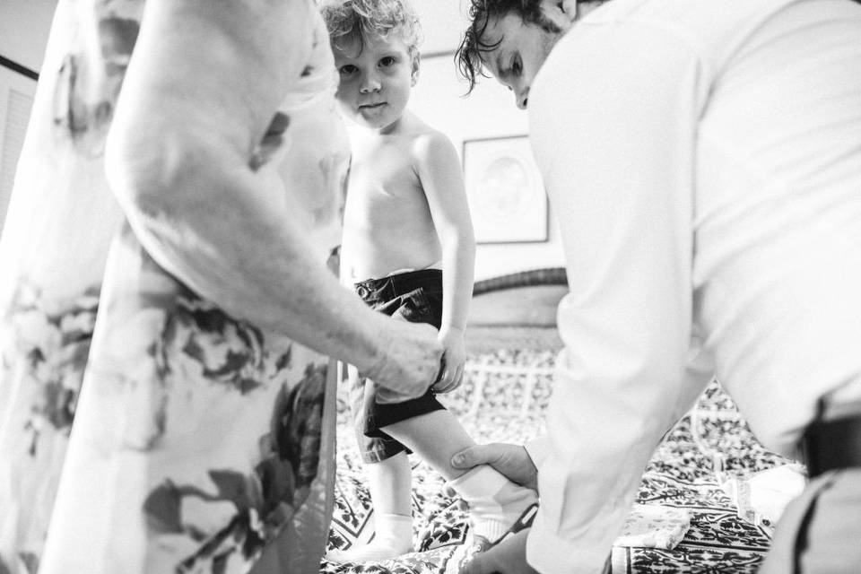 Little boy getting ready