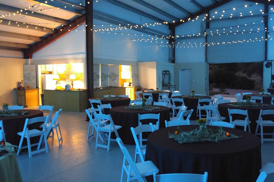 Easy simple uplighting to go with the venues overhead string lighting and the table lamps found on the counter. We used ice-blue 