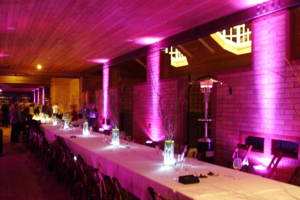 This horse stall was 200 feet long. The uplighting really helped accent the dinning area. Dancing was held in the center of the stall. If you look closely, you can see some folks dancing the night away.