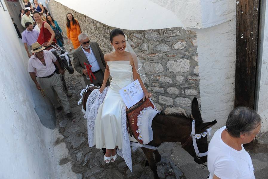Bride going to church on donkey