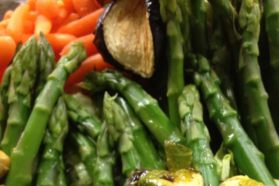 Roasted Vegetable Misto with Oven Roasted Brussel Sprouts, Grilled Asparagus, Roasted Eggplant and Carrots
