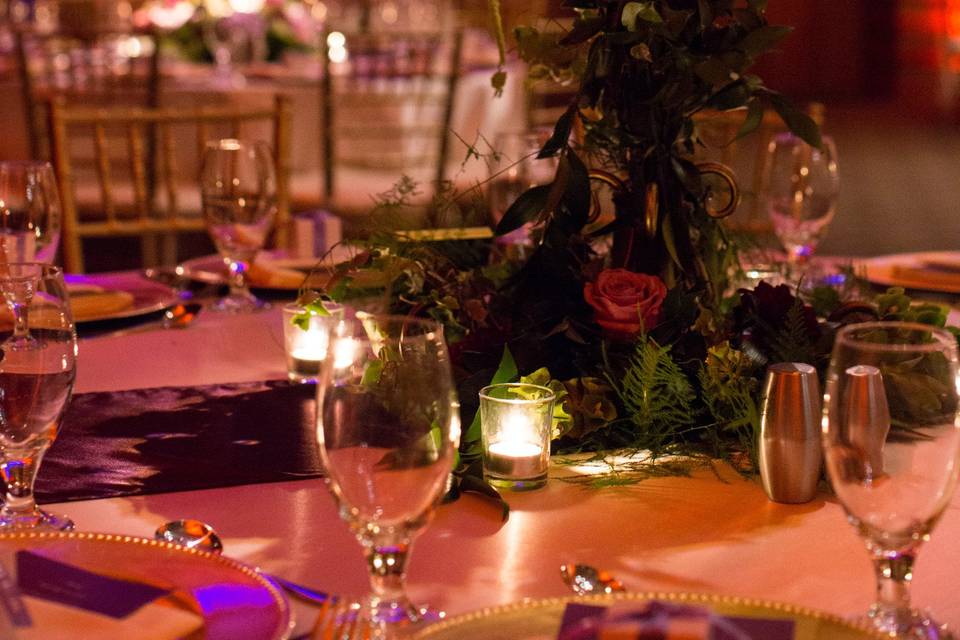 Candlelit tables and centerpiece