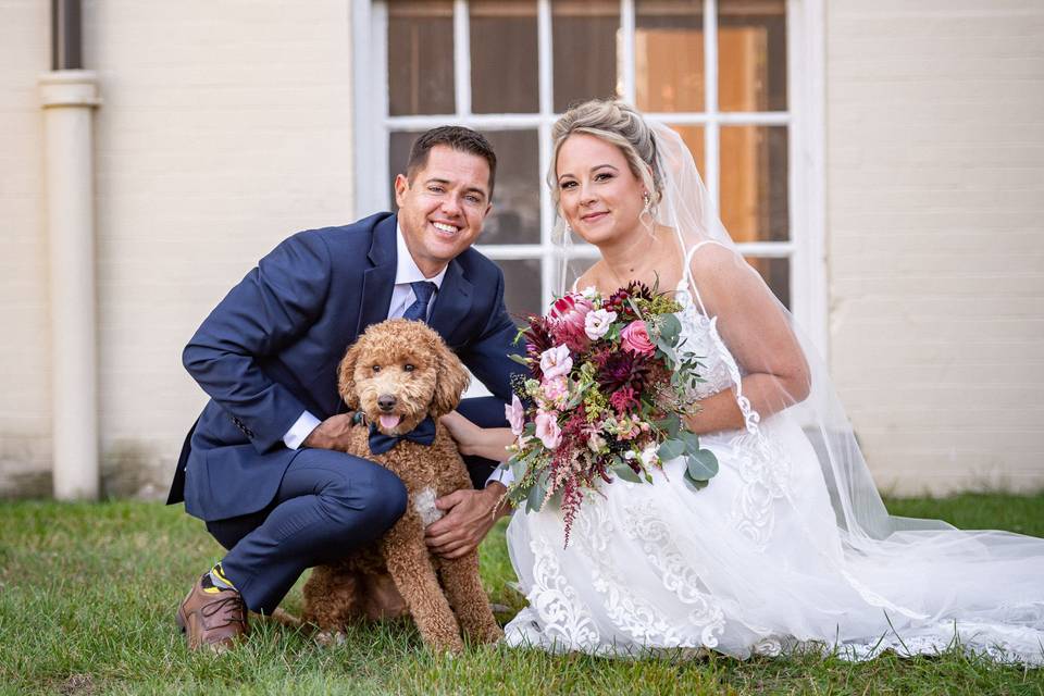 Wedding portrait with puppy