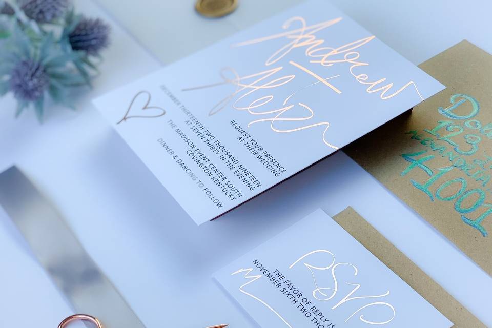 Names in rose gold foil