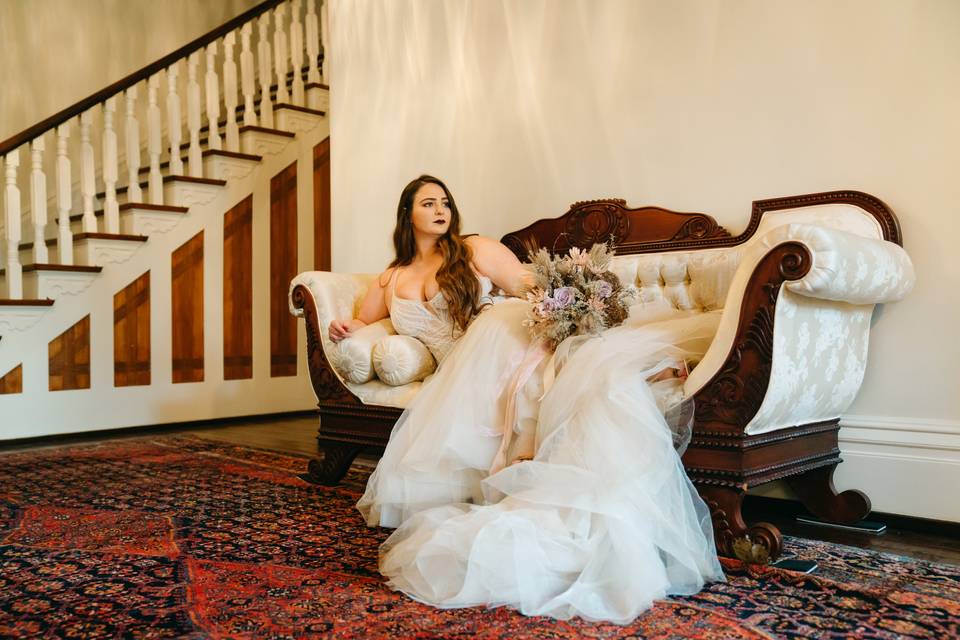 Bride on entry hall sofa