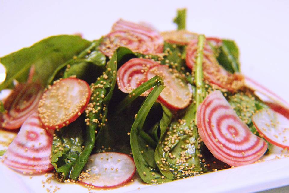 Amaranth and chiogga beet salad