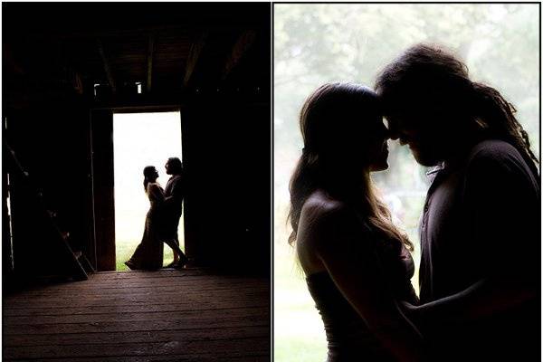 Vintage 1960's themed outdoor wedding.  Bride and groom silhouette portrait.