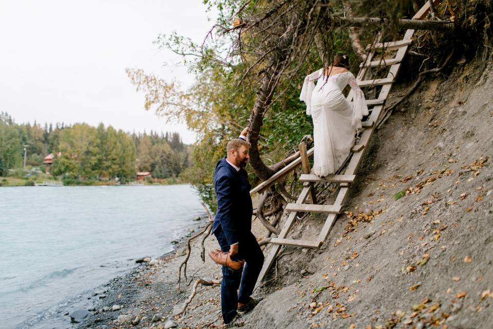 Bride climbing ladder