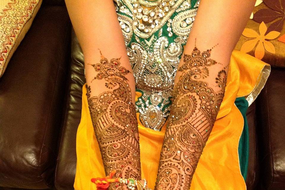 Intricate designs on hands and arms