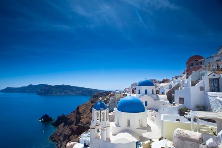 Classic white-washed buildings of Santorini, Greece.