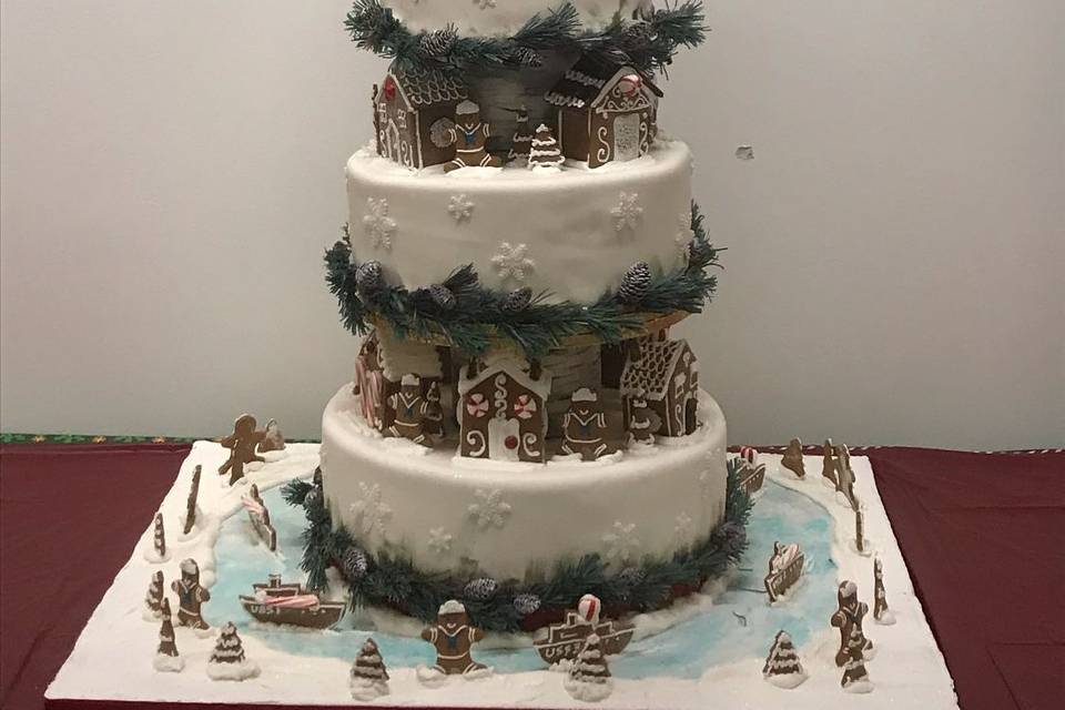 Holiday gingerbread village cake