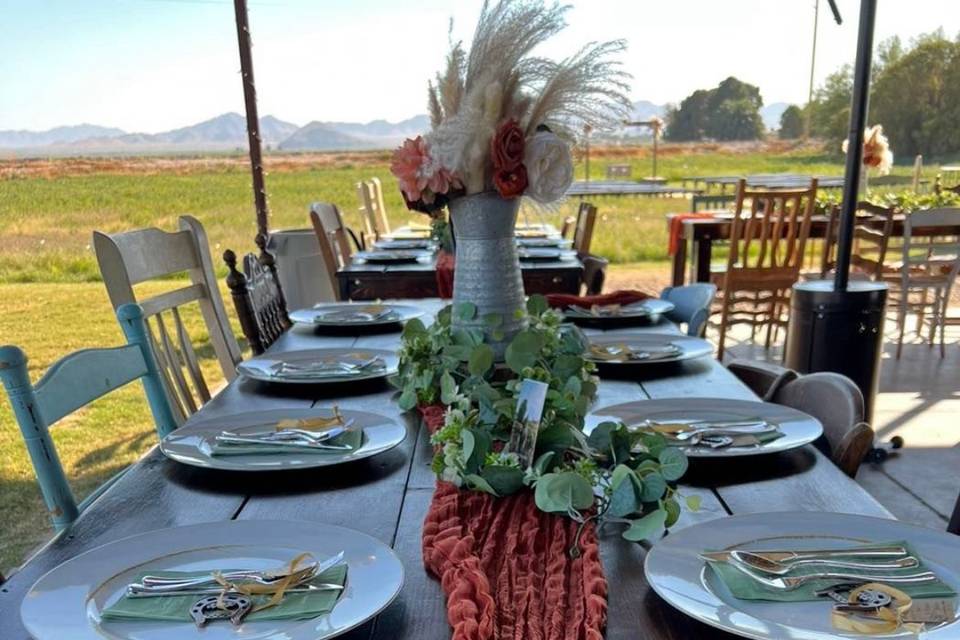 Farm tables and eclectic chair