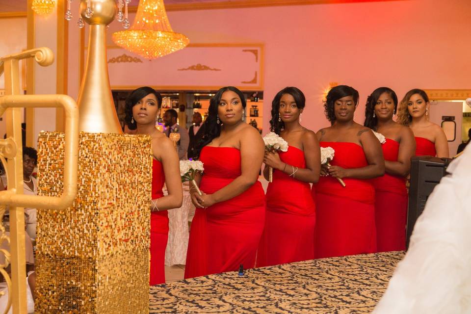 Bridesmaids in red